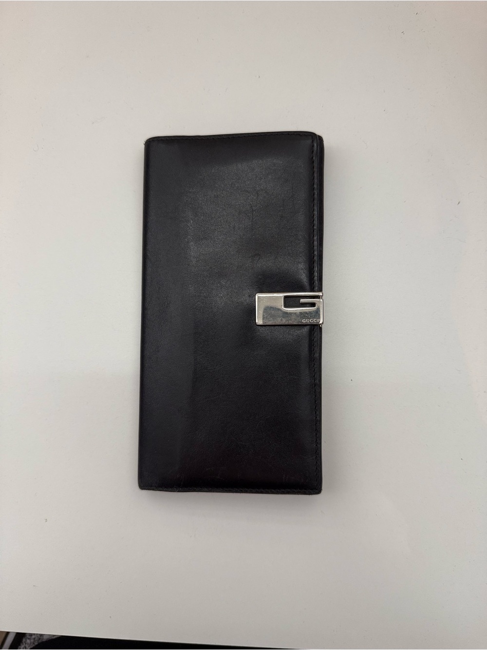 Vintage Gucci Black Leather Continental Wallet – Silver G Clasp – Made in Italy